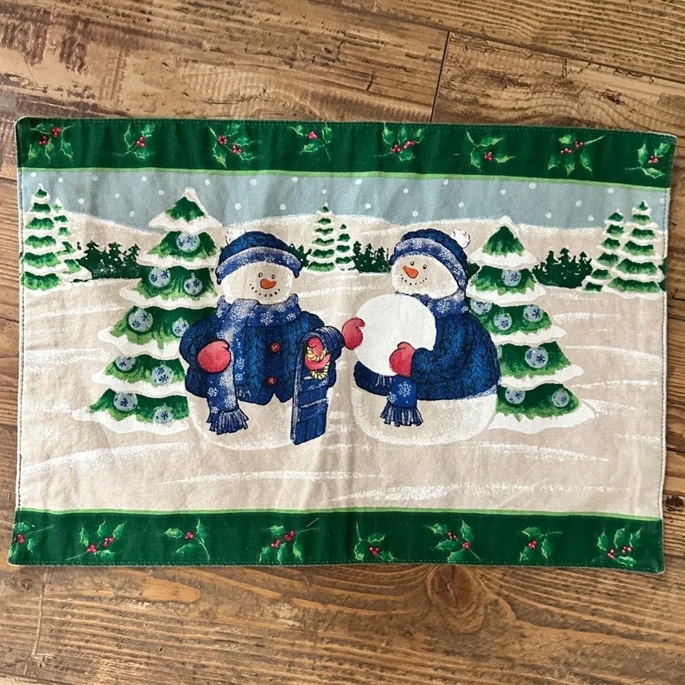Placemat Set Green Snowman Tapestry Winter Holiday 6pc Cabin‎ Core